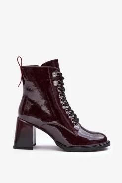 Hot Damskie buty S.Barski Lakierowane Botki Na Słupku Sznurowane Bordowe S.Barski MR870-06