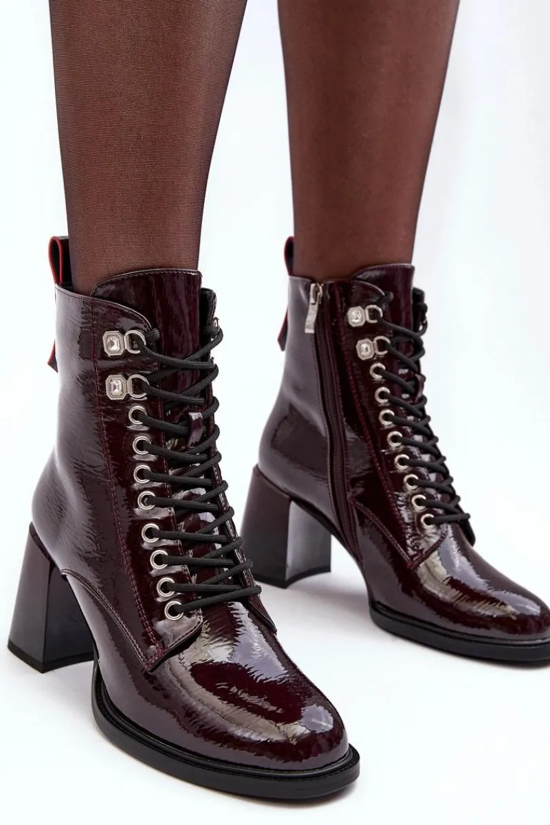 Hot Damskie buty S.Barski Lakierowane Botki Na Słupku Sznurowane Bordowe S.Barski MR870-06