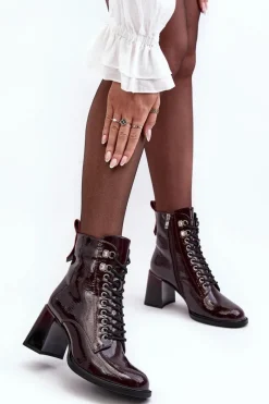 Hot Damskie buty S.Barski Lakierowane Botki Na Słupku Sznurowane Bordowe S.Barski MR870-06