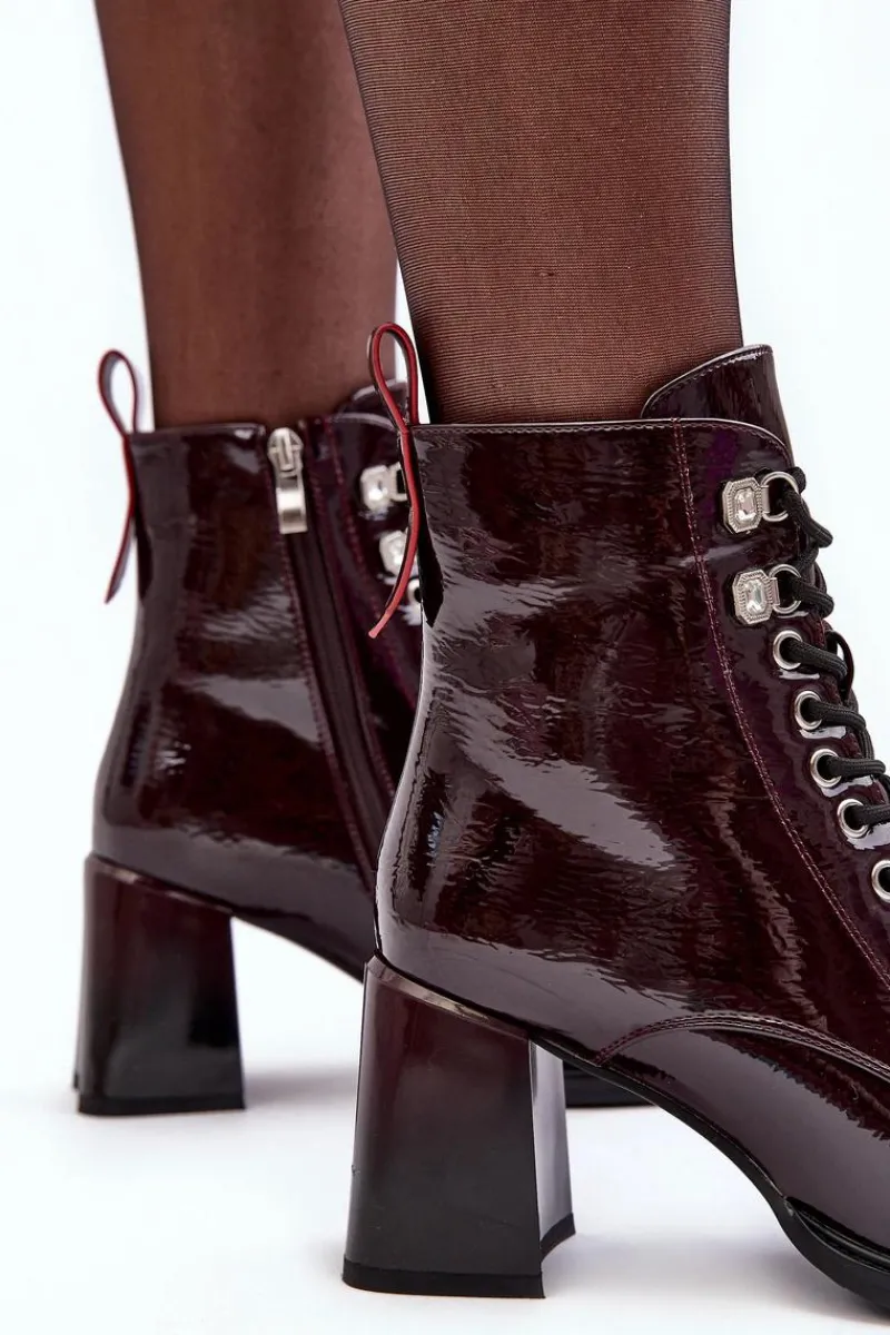 Hot Damskie buty S.Barski Lakierowane Botki Na Słupku Sznurowane Bordowe S.Barski MR870-06