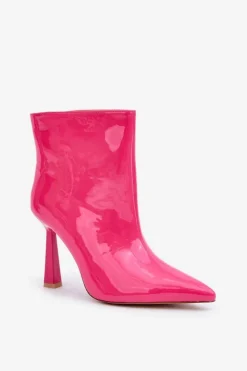 Hot Lakierowane Botki Na Szpice Wsuwane Fuksja Seliri Damskie Botki Ocieplane|Botki Na Obcasie