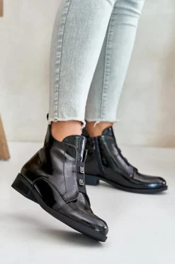 Lakierowane Botki Na Zamek Ocieplane Płaski Obcas S.Barski HY42-717 Czarne Damskie Botki Ocieplane|Czarne Botki