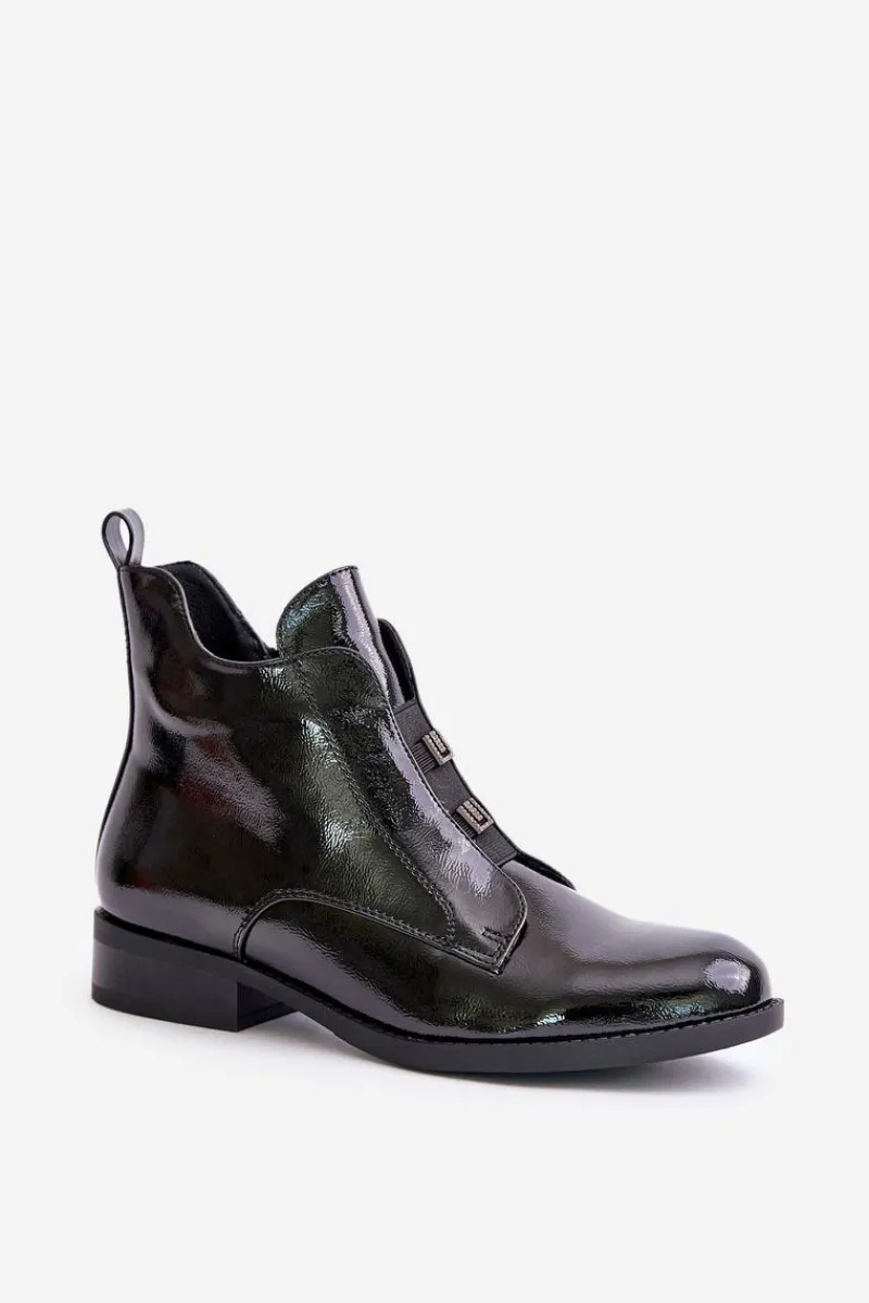 Lakierowane Botki Na Zamek Ocieplane Płaski Obcas S.Barski HY42-717 Czarne Damskie Botki Ocieplane|Czarne Botki