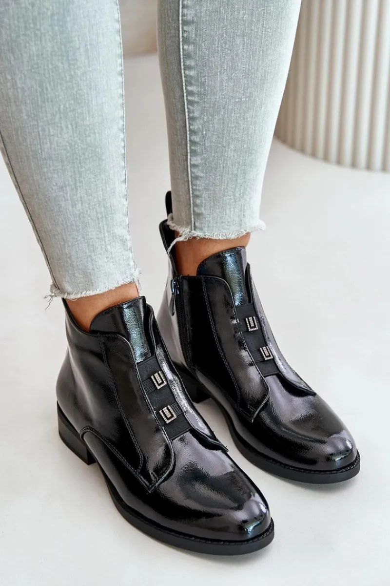 Lakierowane Botki Na Zamek Ocieplane Płaski Obcas S.Barski HY42-717 Czarne Damskie Botki Ocieplane|Czarne Botki