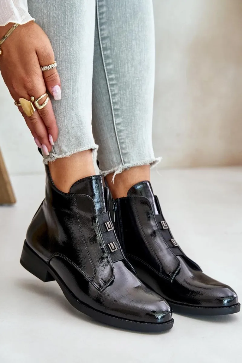 Lakierowane Botki Na Zamek Ocieplane Płaski Obcas S.Barski HY42-717 Czarne Damskie Botki Ocieplane|Czarne Botki