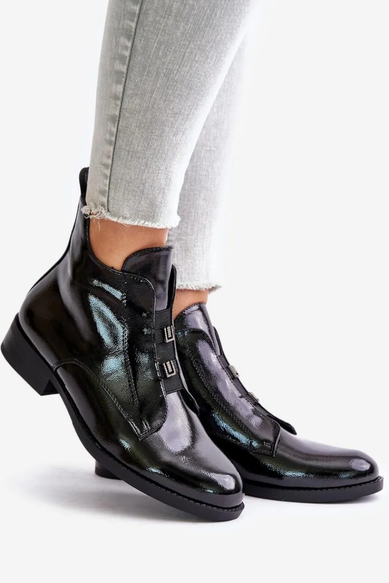 Lakierowane Botki Na Zamek Ocieplane Płaski Obcas S.Barski HY42-717 Czarne Damskie Botki Ocieplane|Czarne Botki