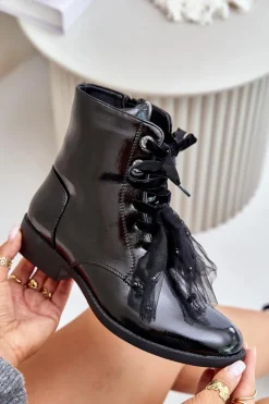 New Damskie buty S.Barski Lakierowane Botki Ocieplane Na Zamek S.Barski HY42-991 Czarne