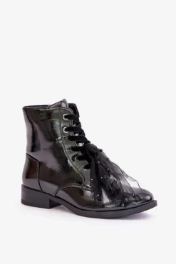 New Damskie buty S.Barski Lakierowane Botki Ocieplane Na Zamek S.Barski HY42-991 Czarne