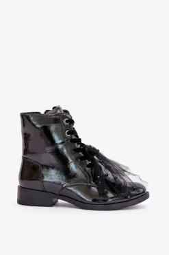 New Damskie buty S.Barski Lakierowane Botki Ocieplane Na Zamek S.Barski HY42-991 Czarne