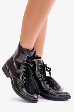 New Damskie buty S.Barski Lakierowane Botki Ocieplane Na Zamek S.Barski HY42-991 Czarne