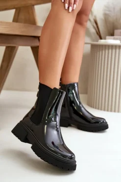 Best Boto Lakierowane Botki Sztyblety Na Zamek Ocieplane Czarne Groesta