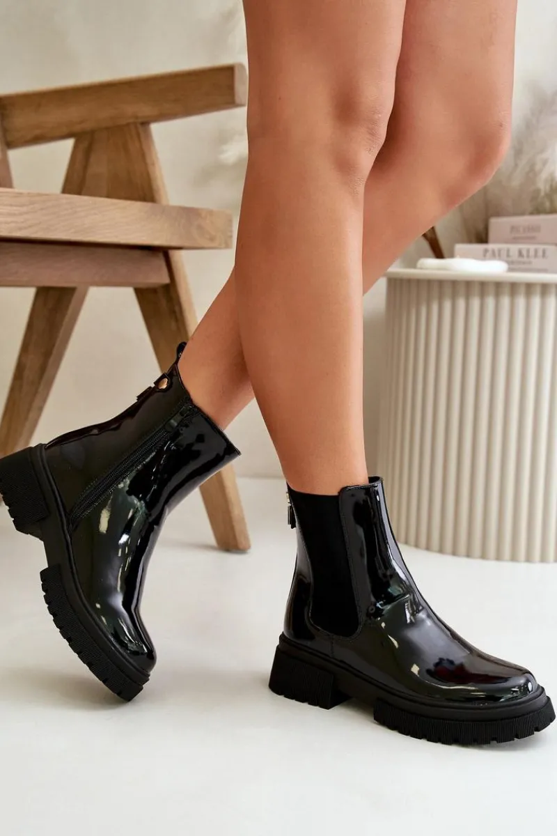 Best Boto Lakierowane Botki Sztyblety Na Zamek Ocieplane Czarne Groesta