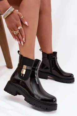 Discount Lakierowane Botki Sztyblety Ocieplane Ze Złotym Detalem Czarne Talyra Damskie Botki Ocieplane|Czarne Botki