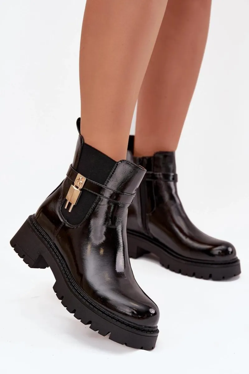 Discount Lakierowane Botki Sztyblety Ocieplane Ze Złotym Detalem Czarne Talyra Damskie Botki Ocieplane|Czarne Botki