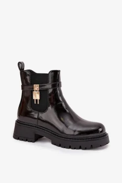 Discount Lakierowane Botki Sztyblety Ocieplane Ze Złotym Detalem Czarne Talyra Damskie Botki Ocieplane|Czarne Botki