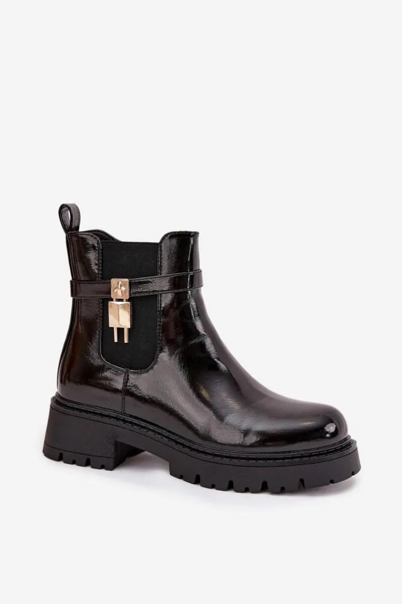 Discount Lakierowane Botki Sztyblety Ocieplane Ze Złotym Detalem Czarne Talyra Damskie Botki Ocieplane|Czarne Botki