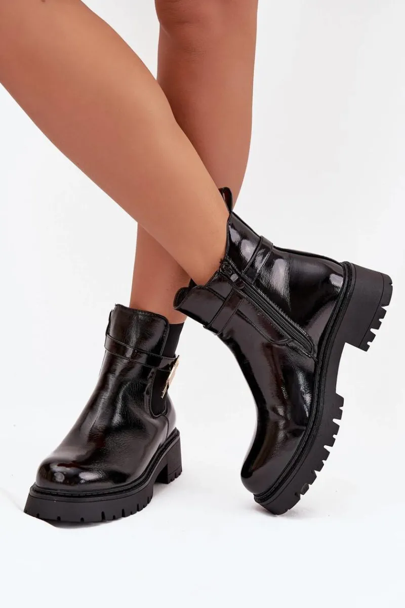 Discount Lakierowane Botki Sztyblety Ocieplane Ze Złotym Detalem Czarne Talyra Damskie Botki Ocieplane|Czarne Botki