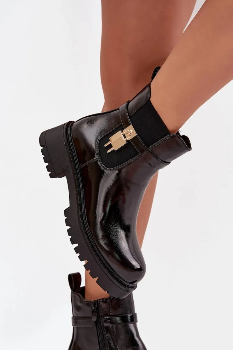 Discount Lakierowane Botki Sztyblety Ocieplane Ze Złotym Detalem Czarne Talyra Damskie Botki Ocieplane|Czarne Botki