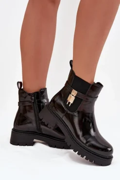 Discount Lakierowane Botki Sztyblety Ocieplane Ze Złotym Detalem Czarne Talyra Damskie Botki Ocieplane|Czarne Botki