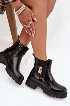 Discount Lakierowane Botki Sztyblety Ocieplane Ze Złotym Detalem Czarne Talyra Damskie Botki Ocieplane|Czarne Botki