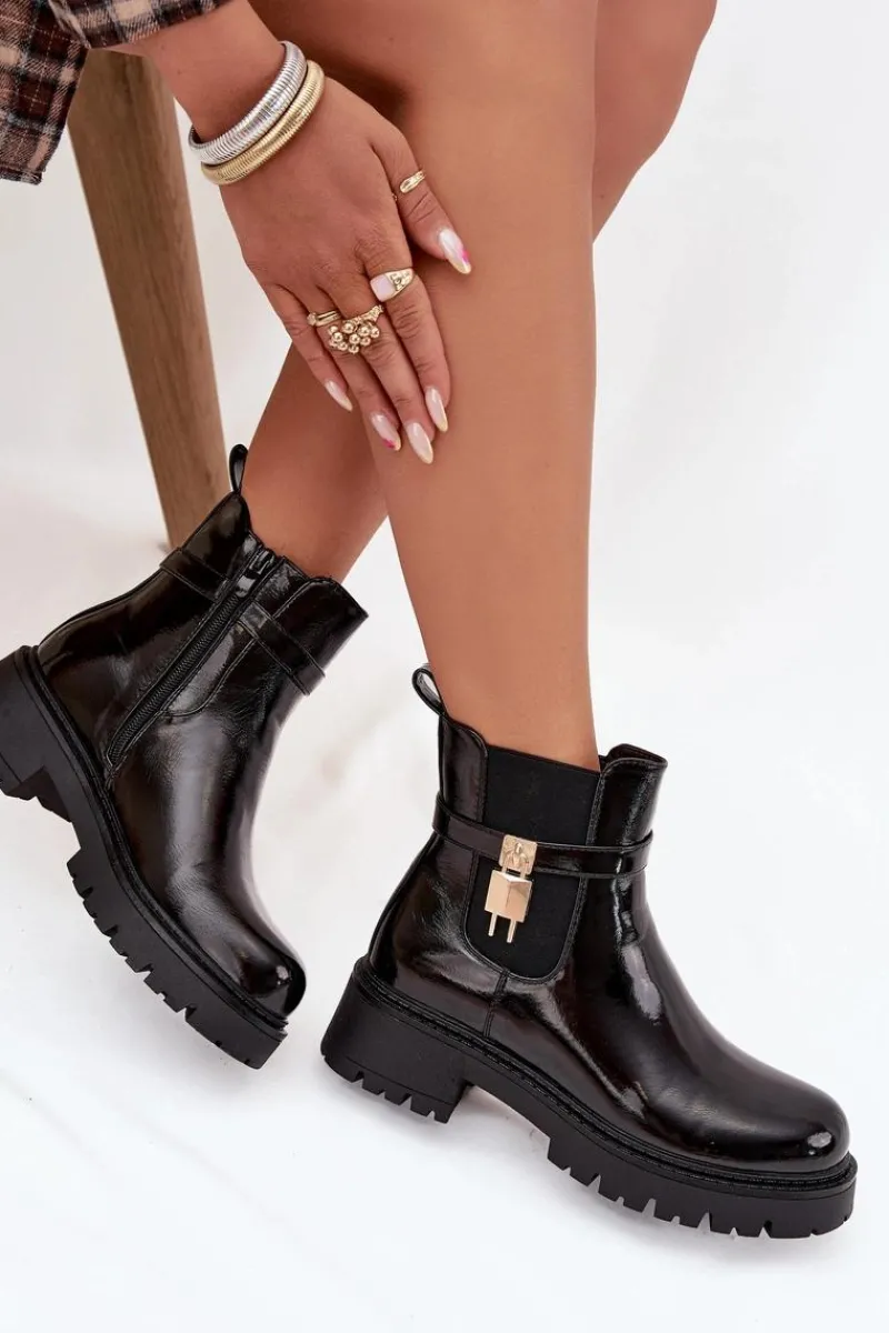 Discount Lakierowane Botki Sztyblety Ocieplane Ze Złotym Detalem Czarne Talyra Damskie Botki Ocieplane|Czarne Botki