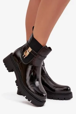 Discount Lakierowane Botki Sztyblety Ocieplane Ze Złotym Detalem Czarne Talyra Damskie Botki Ocieplane|Czarne Botki