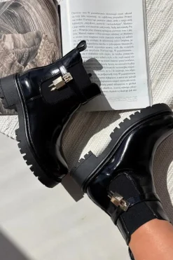 Discount Lakierowane Botki Sztyblety Ocieplane Ze Złotym Detalem Czarne Talyra Damskie Botki Ocieplane|Czarne Botki