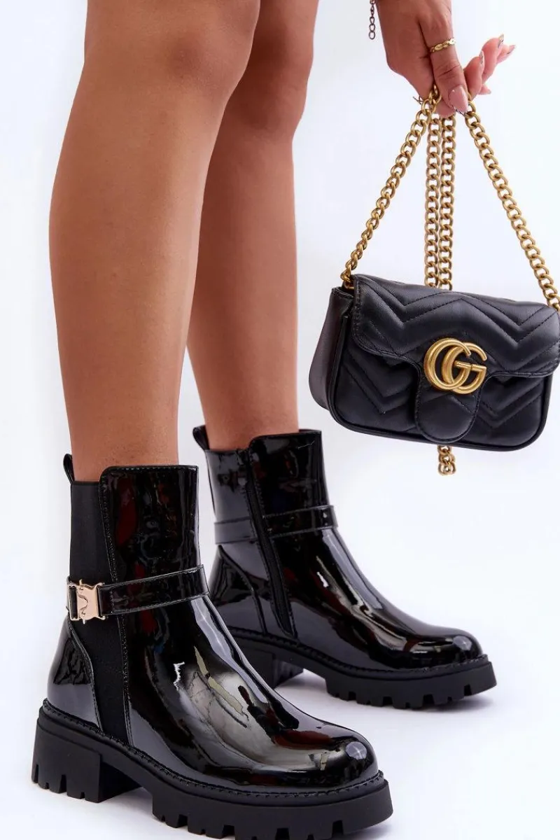 Best Lakierowane Botki Sztyblety Damskie Czarne Elspetia Damskie Czarne Botki|Botki Płaskie