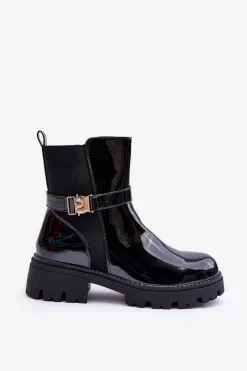 Best Lakierowane Botki Sztyblety Damskie Czarne Elspetia Damskie Czarne Botki|Botki Płaskie