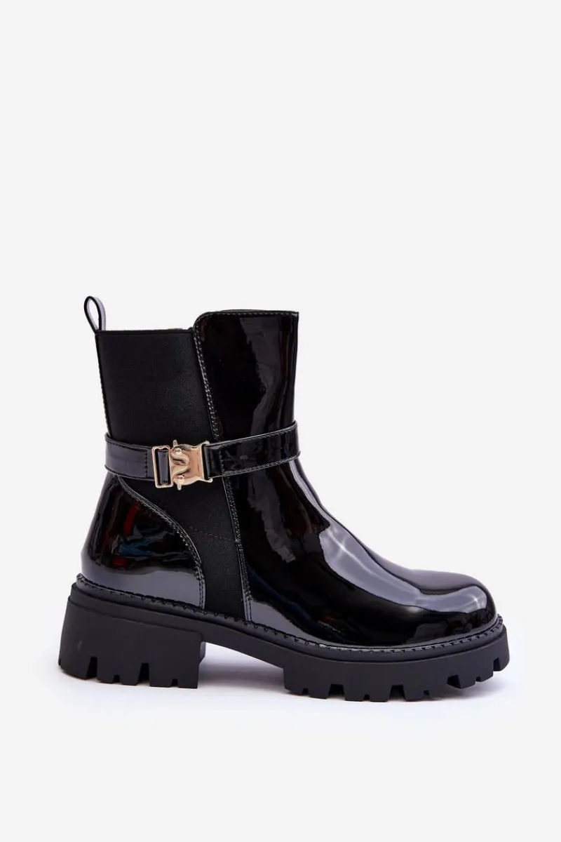 Best Lakierowane Botki Sztyblety Damskie Czarne Elspetia Damskie Czarne Botki|Botki Płaskie