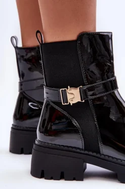 Best Lakierowane Botki Sztyblety Damskie Czarne Elspetia Damskie Czarne Botki|Botki Płaskie