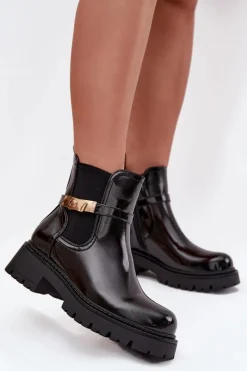 Boto Lakierowane Botki Sztyblety Ocieplane Z Ozdobnym Paskiem Czarne Vivessa