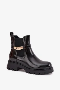 Boto Lakierowane Botki Sztyblety Ocieplane Z Ozdobnym Paskiem Czarne Vivessa