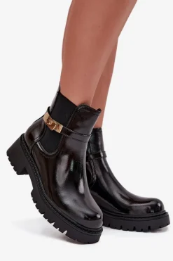 Boto Lakierowane Botki Sztyblety Ocieplane Z Ozdobnym Paskiem Czarne Vivessa