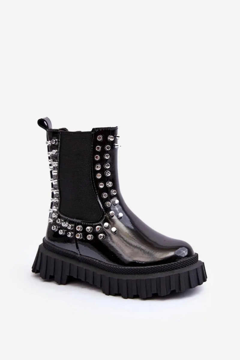 Dziewczęce>Boto Lakierowane Botki Sztyblety Dziewczęce Zdobione Dżetami Czarne Adelie