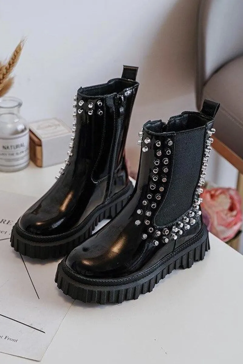 Dziewczęce>Boto Lakierowane Botki Sztyblety Dziewczęce Zdobione Dżetami Czarne Adelie