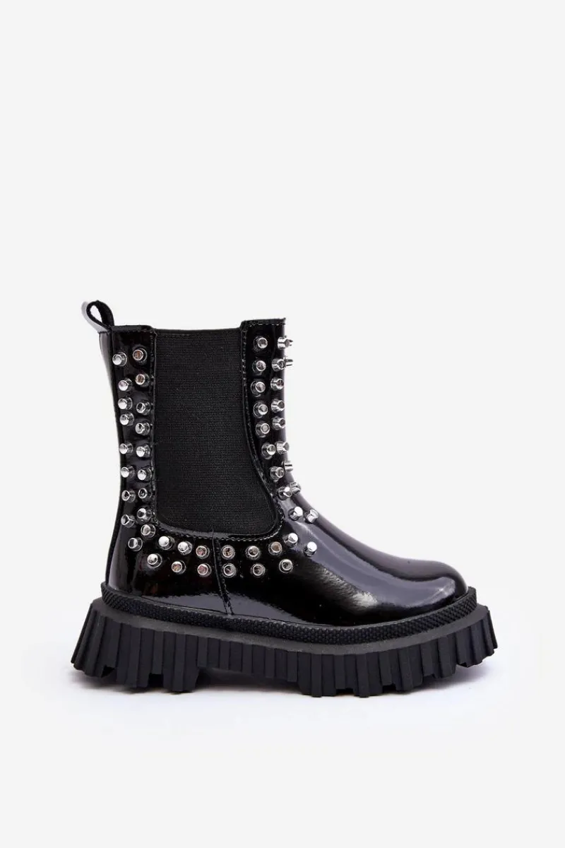 Dziewczęce>Boto Lakierowane Botki Sztyblety Dziewczęce Zdobione Dżetami Czarne Adelie