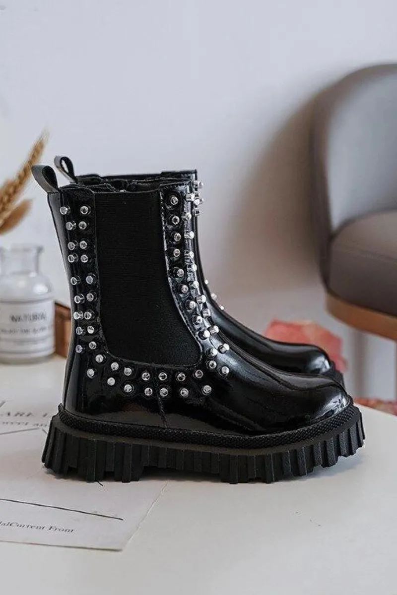 Dziewczęce>Boto Lakierowane Botki Sztyblety Dziewczęce Zdobione Dżetami Czarne Adelie