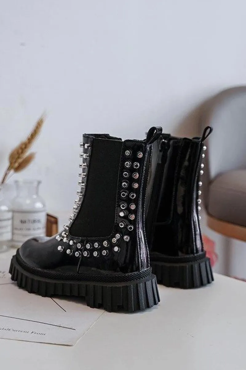 Dziewczęce>Boto Lakierowane Botki Sztyblety Dziewczęce Zdobione Dżetami Czarne Adelie