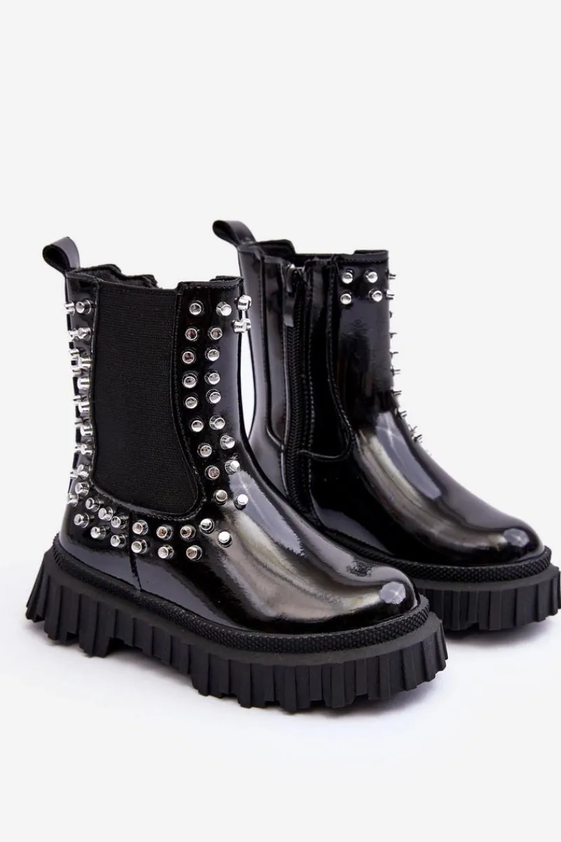 Dziewczęce>Boto Lakierowane Botki Sztyblety Dziewczęce Zdobione Dżetami Czarne Adelie