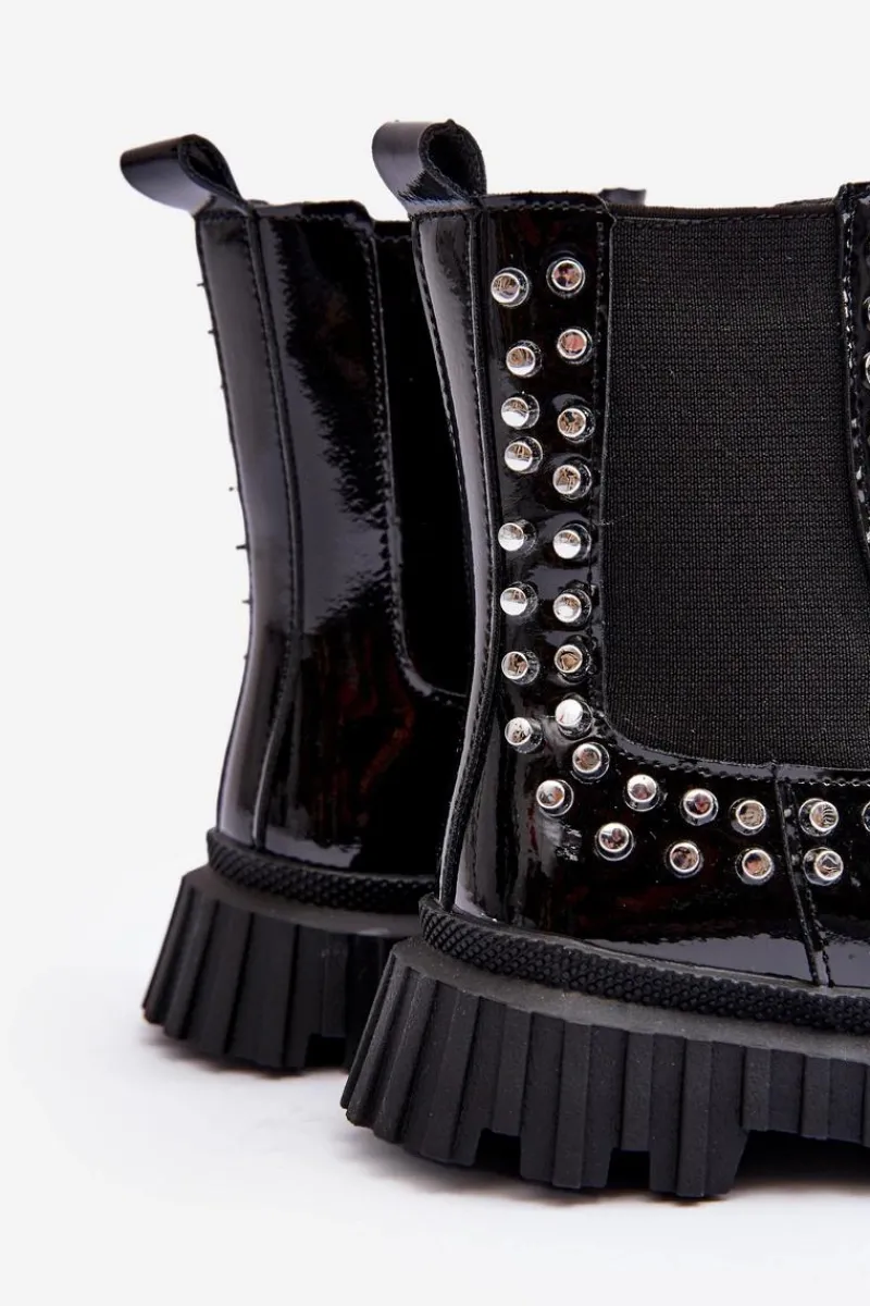 Dziewczęce>Boto Lakierowane Botki Sztyblety Dziewczęce Zdobione Dżetami Czarne Adelie