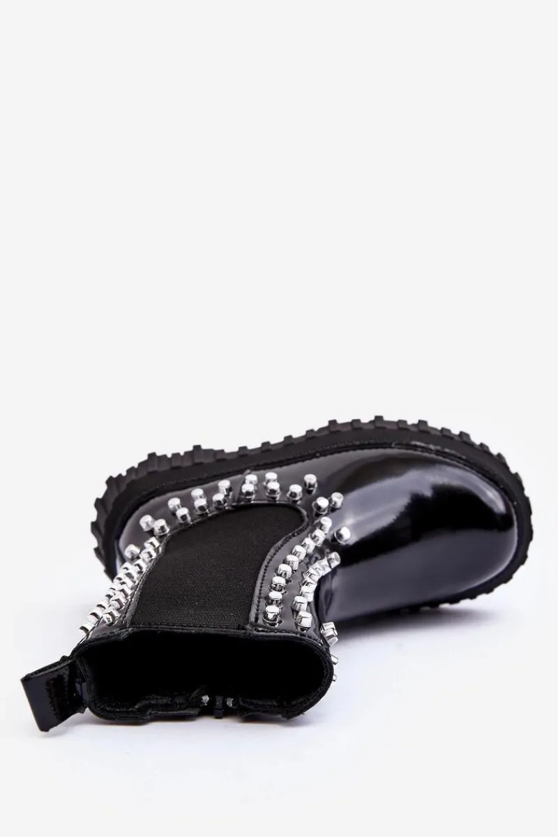 Dziewczęce>Boto Lakierowane Botki Sztyblety Dziewczęce Zdobione Dżetami Czarne Adelie