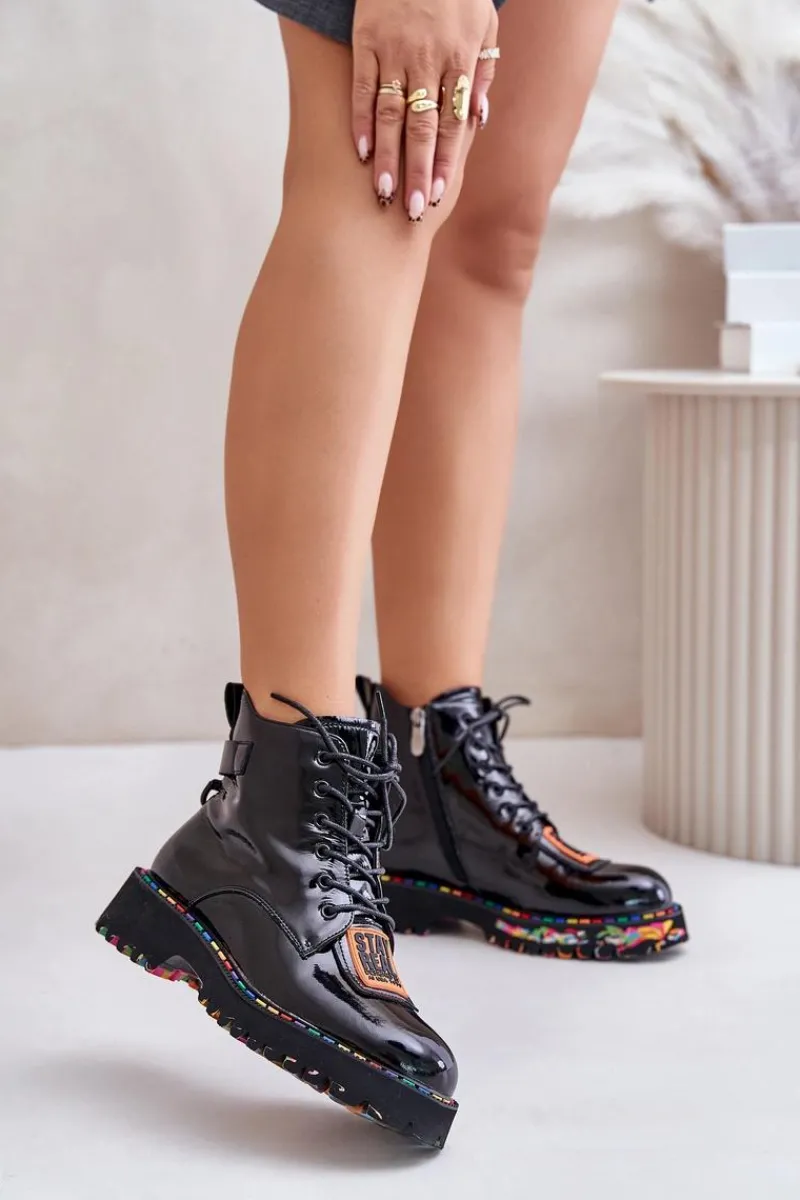 Botki Ocieplane|Damskie Trapery>Artiker Lakierowane Botki Trapery Damskie Na Zamek Skórzane 55C0517 Czarne Czarny