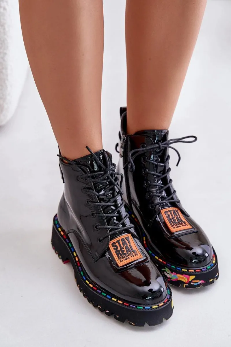 Botki Ocieplane|Damskie Trapery>Artiker Lakierowane Botki Trapery Damskie Na Zamek Skórzane 55C0517 Czarne Czarny