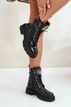 Best Boto Lakierowane Botki Workery Ocieplane Z Ozdobą Czarne Depisa