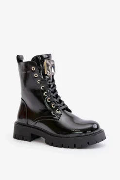 Best Boto Lakierowane Botki Workery Ocieplane Z Ozdobą Czarne Depisa