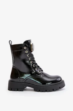 Best Boto Lakierowane Botki Workery Ocieplane Z Ozdobą Czarne Depisa