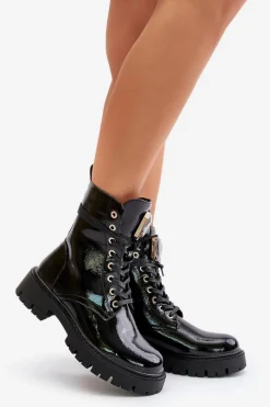 Best Boto Lakierowane Botki Workery Ocieplane Z Ozdobą Czarne Depisa