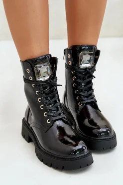 Best Boto Lakierowane Botki Workery Ocieplane Z Ozdobą Czarne Depisa