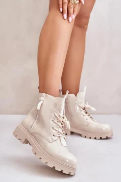 Botki Sznurowane|Czarne Botki>Boto Lakierowane Botki Workery Damskie Ocieplane Z Napisami Beżowe Zinfreya